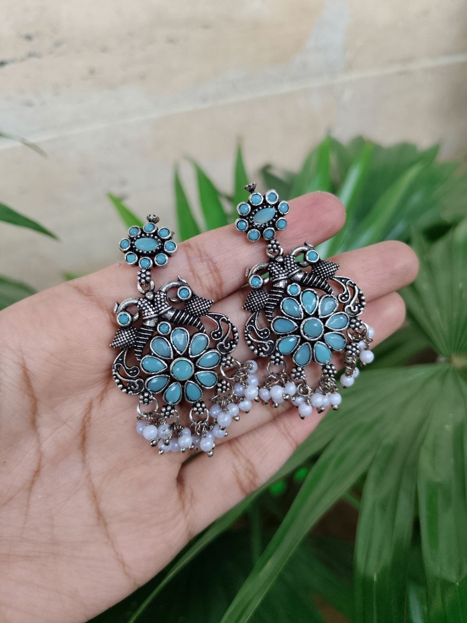 Oxidised Peacock Stone Stud Earrings | Stylish Traditional Ethnic Jewelry for Women 4 Oxidised Peacock Stone Stud Earrings | Stylish Traditional Ethnic Jewelry for Women - Image 4