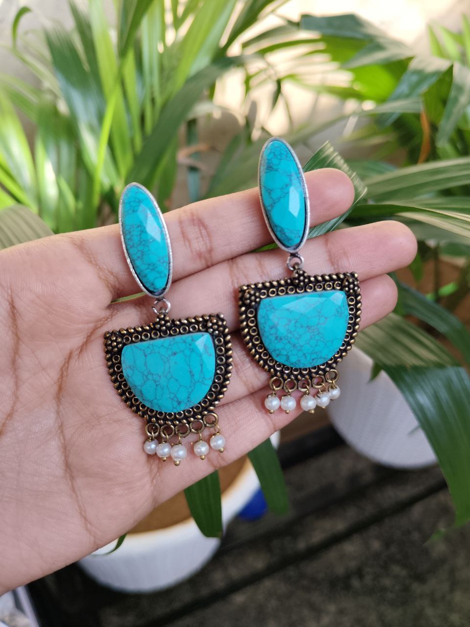 Golden Oxidised Monalisa Stone Dangler Earrings For Girls 1 Golden Oxidised Monalisa Stone Dangler Earrings For Girls