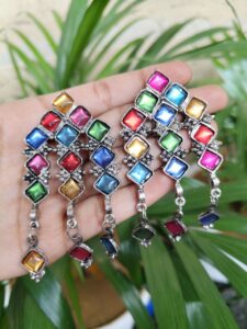 Oxidized German Silver Earrings With Elegant Stone Work Design - color: "Multi"