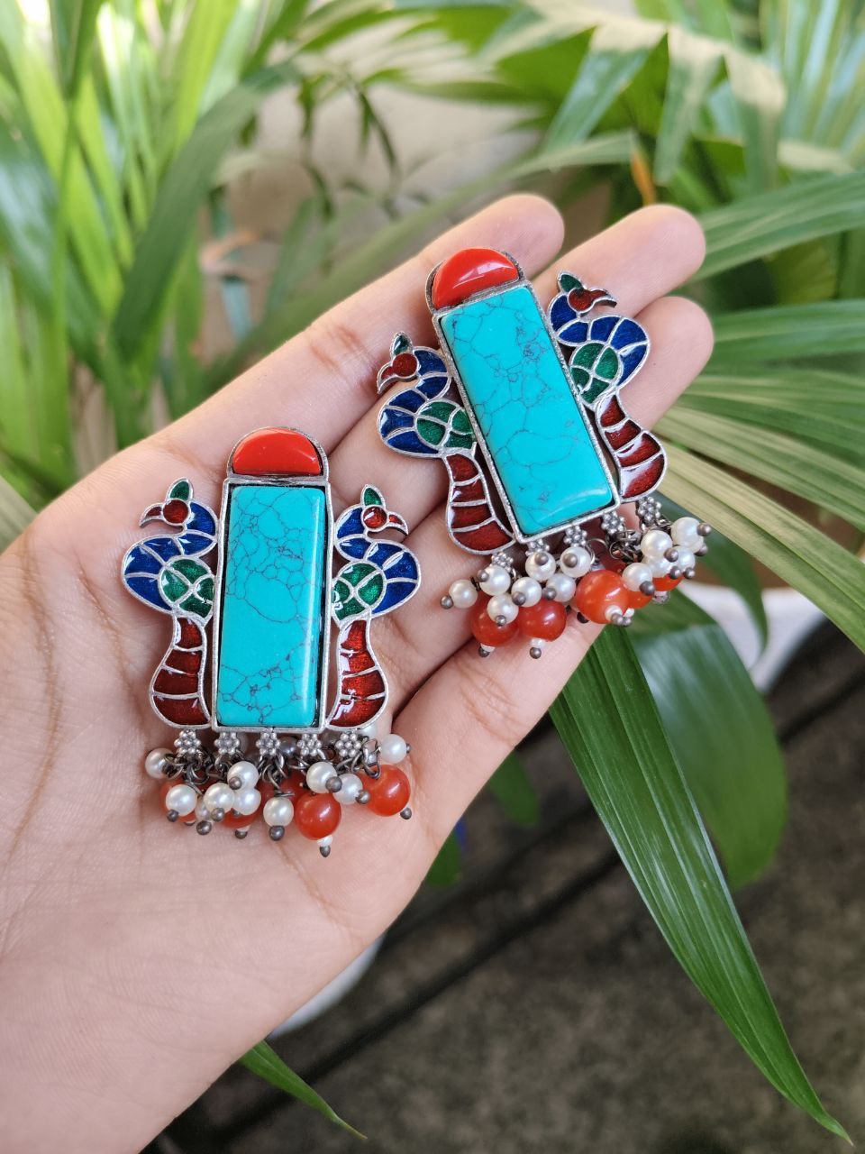 Stunning Oxidised Peacock Meenakari Stone Earrings | Silver Plated Stylish Jewelry 1 Stunning Oxidised Peacock Meenakari Stone Earrings | Silver Plated Stylish Jewelry