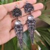 Oxidized Floral Art Dangler Earrings With Elegant Stone Work Design