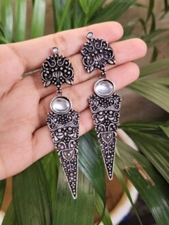 Oxidized Floral Art Dangler Earrings With Elegant Stone Work Design