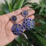 Silver Plated Oxidized Stone Work Dangler Earrings Elegant Handcrafted Ethnic Jewelry Design