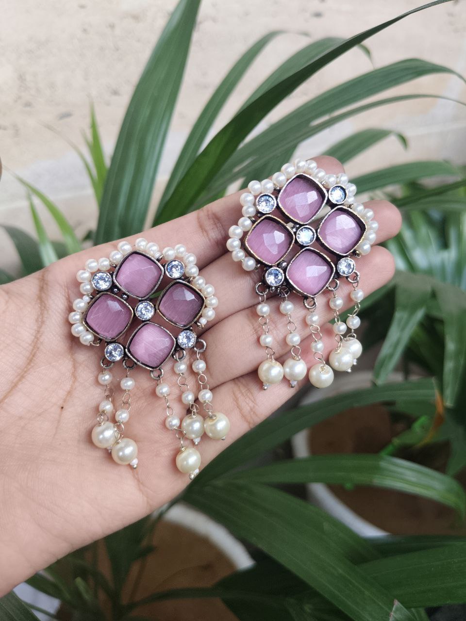 Silver Replica Monalisa Stone Dangler Earrings With Elegant Pearl Work Ethnic Jewelry 1 Silver Replica Monalisa Stone Dangler Earrings With Elegant Pearl Work Ethnic Jewelry