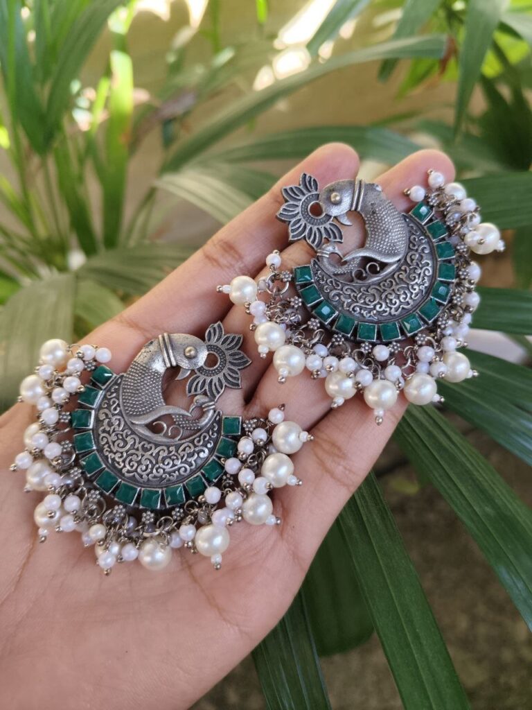 Elegant Silver Plated Peacock Stud Earrings with Beautiful Pearl and Stone Work Design