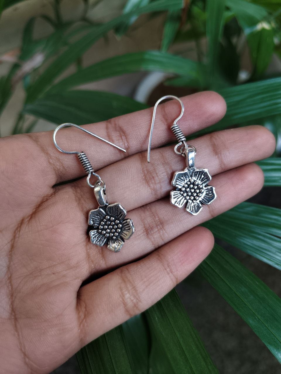 Elegant German Silver Flower Hook Dangler Earrings for Women with Traditional Design 1 Elegant German Silver Flower Hook Dangler Earrings for Women with Traditional Design