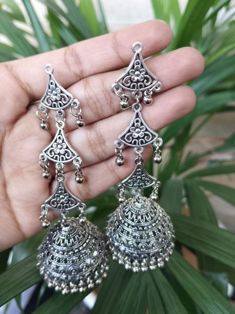 Elegant German Silver Jhumka Dangler Earrings with Traditional Ghungroo Detailing for Women