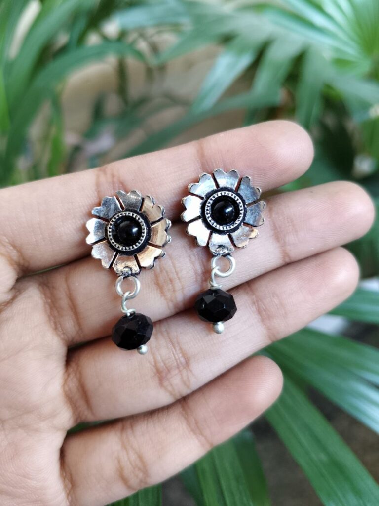 Beautiful German Silver Flower Earrings with Elegant Stone Work for Women