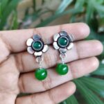 Elegant German Silver Flower Earrings with Beautiful Stone Detailing for Women