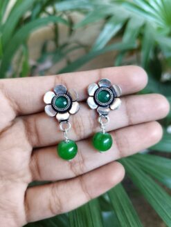 Elegant German Silver Flower Earrings with Beautiful Stone Detailing for Women