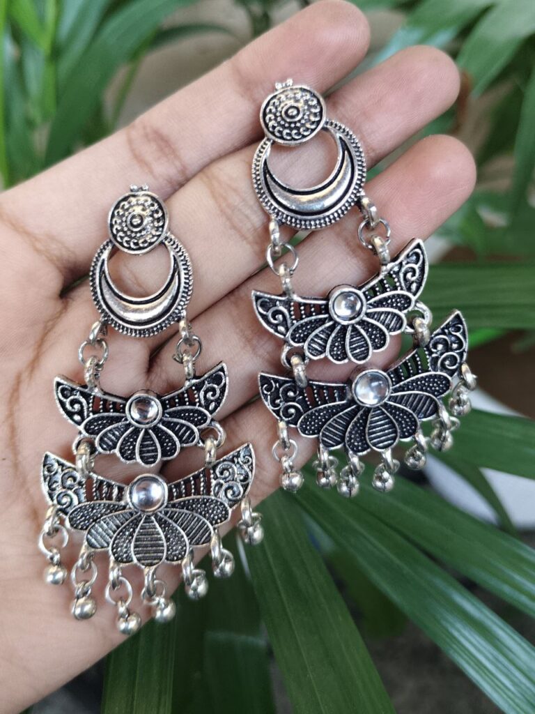 Elegant German Silver Dangler Earrings with Stone Detailing and Traditional Ghungroo Design