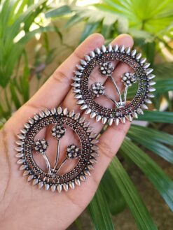 Antique Silver Flower Design Circle Stud Earrings ? Traditional Ethnic Jewelry for Women