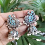 Beautiful Oxidized Silver Plated Peacock Jhumka Earrings with Elegant Stone and Pearl Work