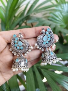 Beautiful Oxidized Silver Plated Peacock Jhumka Earrings with Elegant Stone and Pearl Work