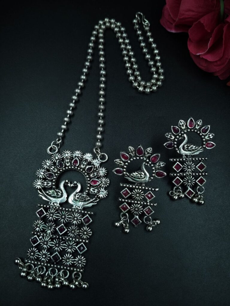 Designer Oxidized Peacock Necklace Set | Trendy Silver Touch Ethnic Perfect Jewelry For Girls