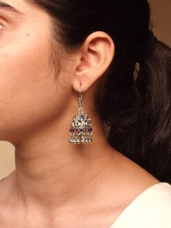 Oxidized German silver peacock jhumki earrings with hook and ghungroo.