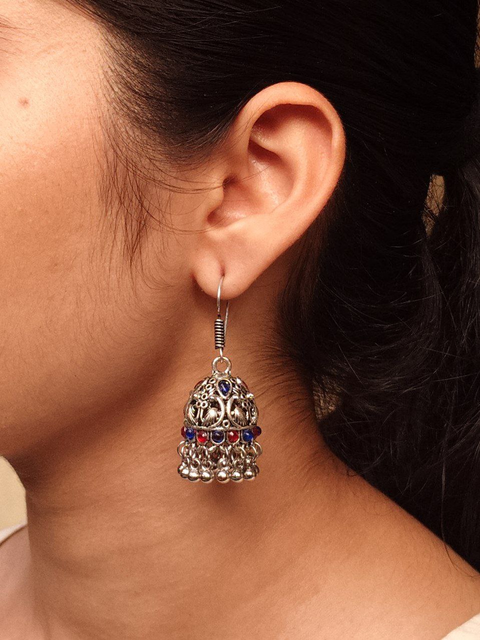 Traditional Peacock Jhumki Earrings | Oxidized German Silver Stone & Ghungroo Dangler Best Hook Jewelry 2 Oxidized German silver peacock jhumki earrings with hook and ghungroo.