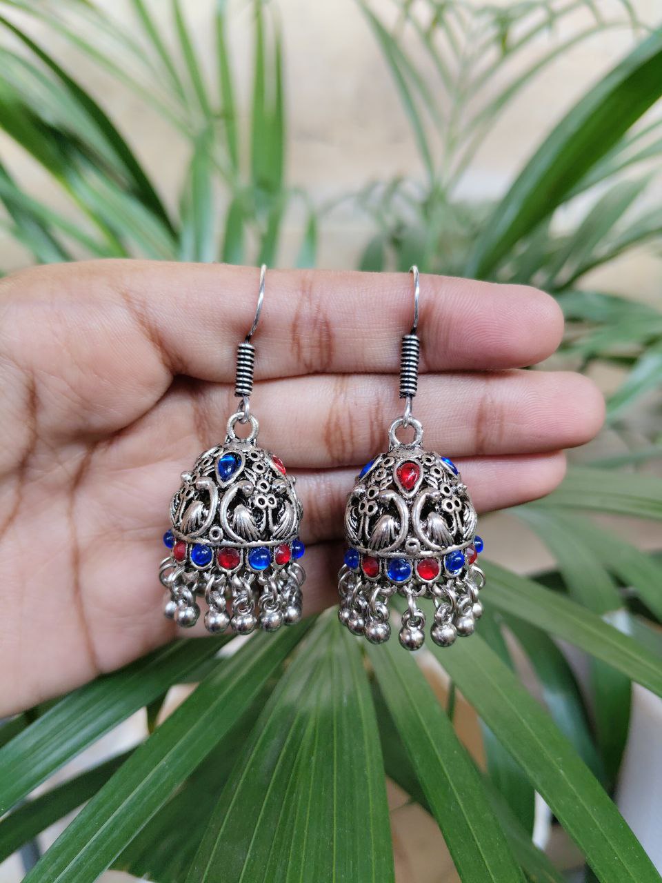 Traditional Peacock Jhumki Earrings | Oxidized German Silver Stone & Ghungroo Dangler Best Hook Jewelry 7 Oxidized German silver peacock jhumki earrings with hook and ghungroo.