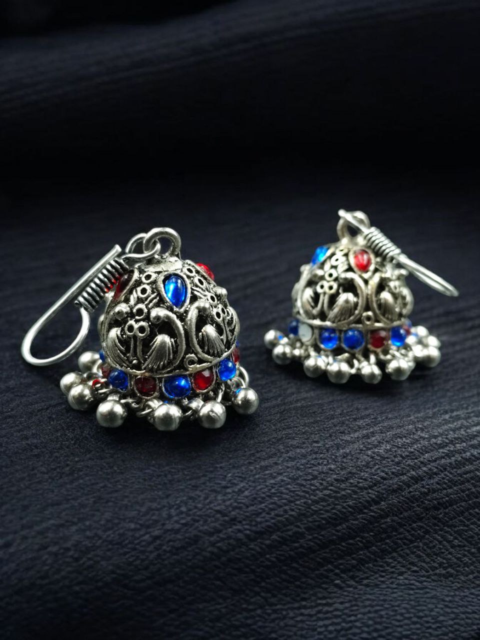 Traditional Peacock Jhumki Earrings | Oxidized German Silver Stone & Ghungroo Dangler Best Hook Jewelry 6 Oxidized German silver peacock jhumki earrings with hook and ghungroo.