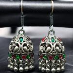 Bulk 320 Traditional Peacock Jhumki Earrings | Oxidized German Silver Stone & Ghungroo Dangler Best Hook Jewelry - "Green-Red"