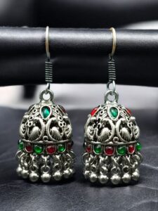 Traditional Peacock Jhumki Earrings | Oxidized German Silver Stone & Ghungroo Dangler Best Hook Jewelry - color: "Green-Red"