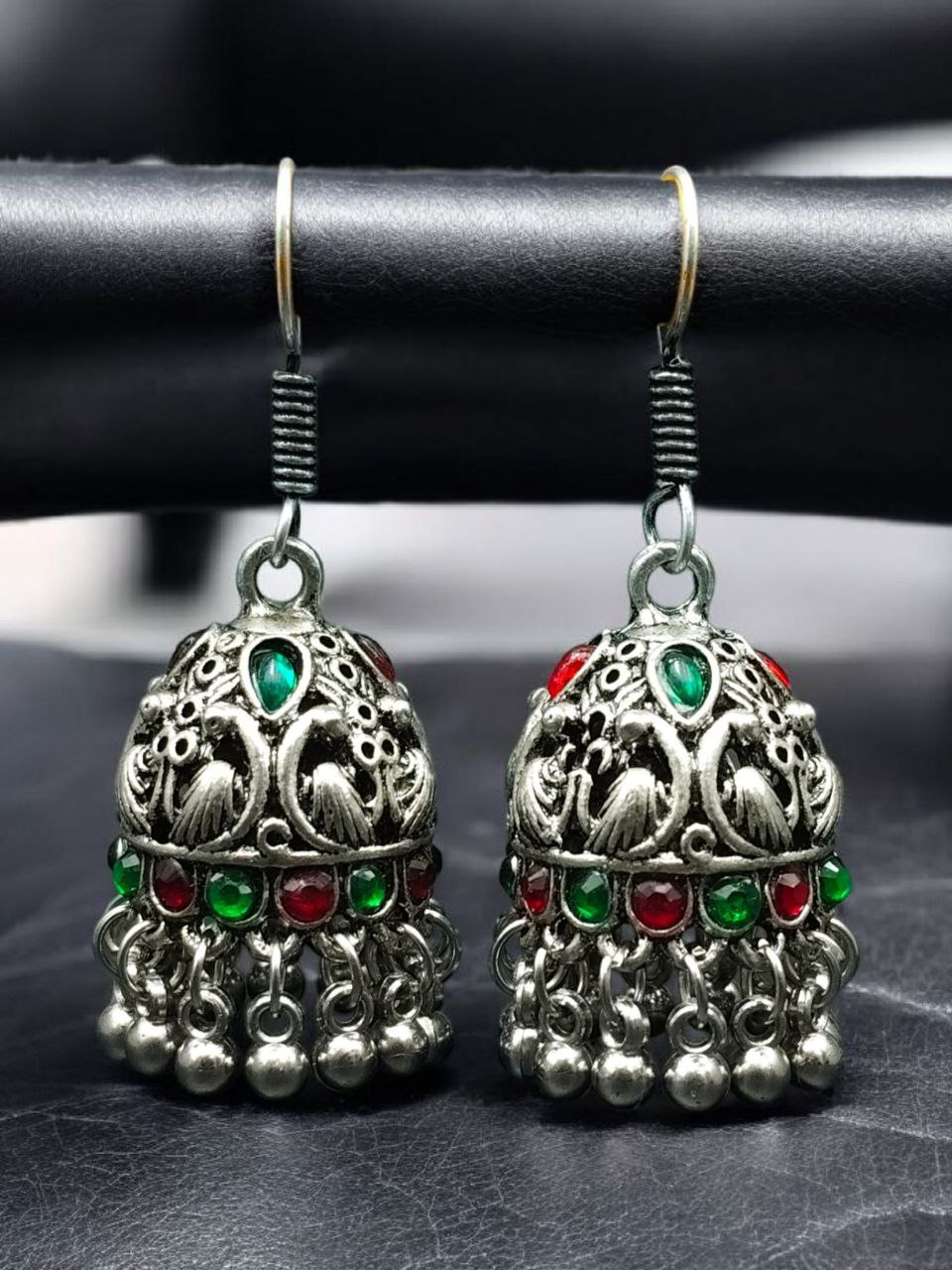 Traditional Peacock Jhumki Earrings | Oxidized German Silver Stone & Ghungroo Dangler Best Hook Jewelry 5 Oxidized German silver peacock jhumki earrings with hook and ghungroo.