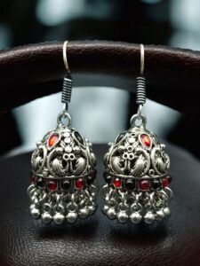 Traditional Peacock Jhumki Earrings | Oxidized German Silver Stone & Ghungroo Dangler Best Hook Jewelry - color: "Black-Red"