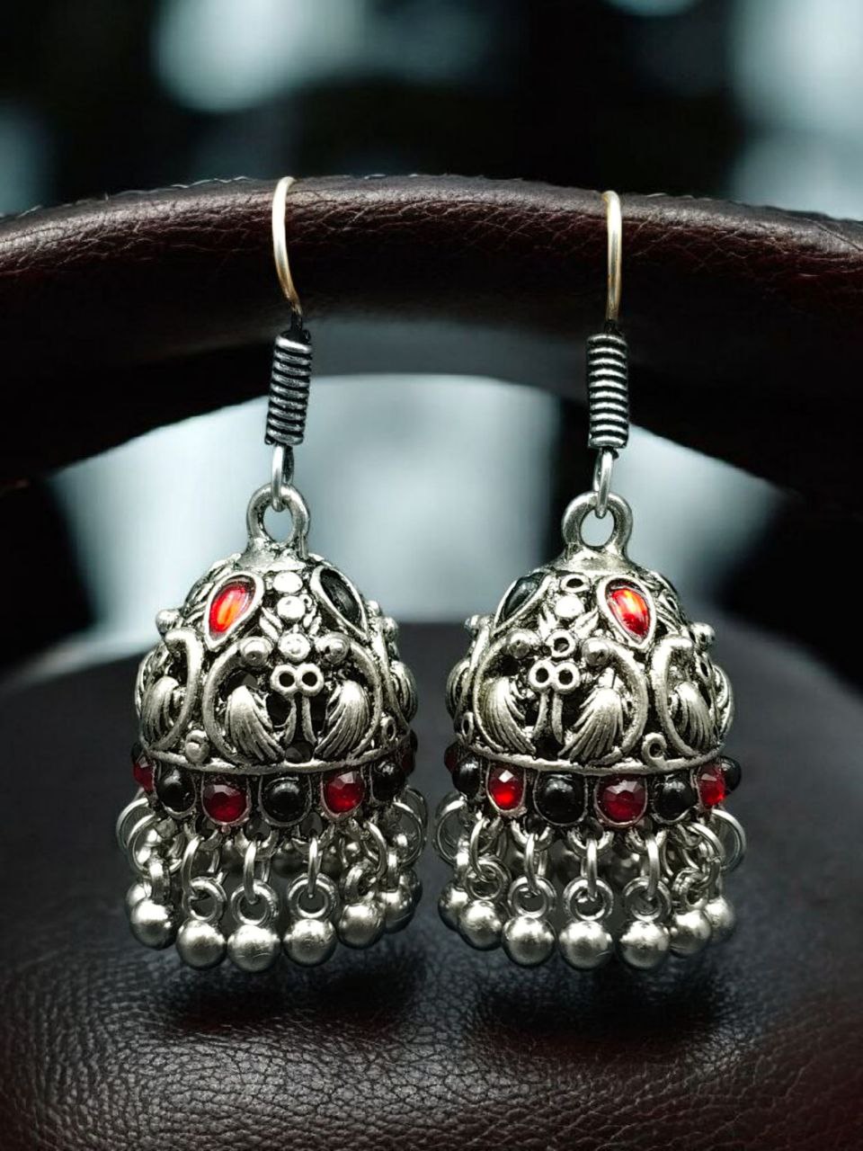Traditional Peacock Jhumki Earrings | Oxidized German Silver Stone & Ghungroo Dangler Best Hook Jewelry 3 Oxidized German silver peacock jhumki earrings with hook and ghungroo.