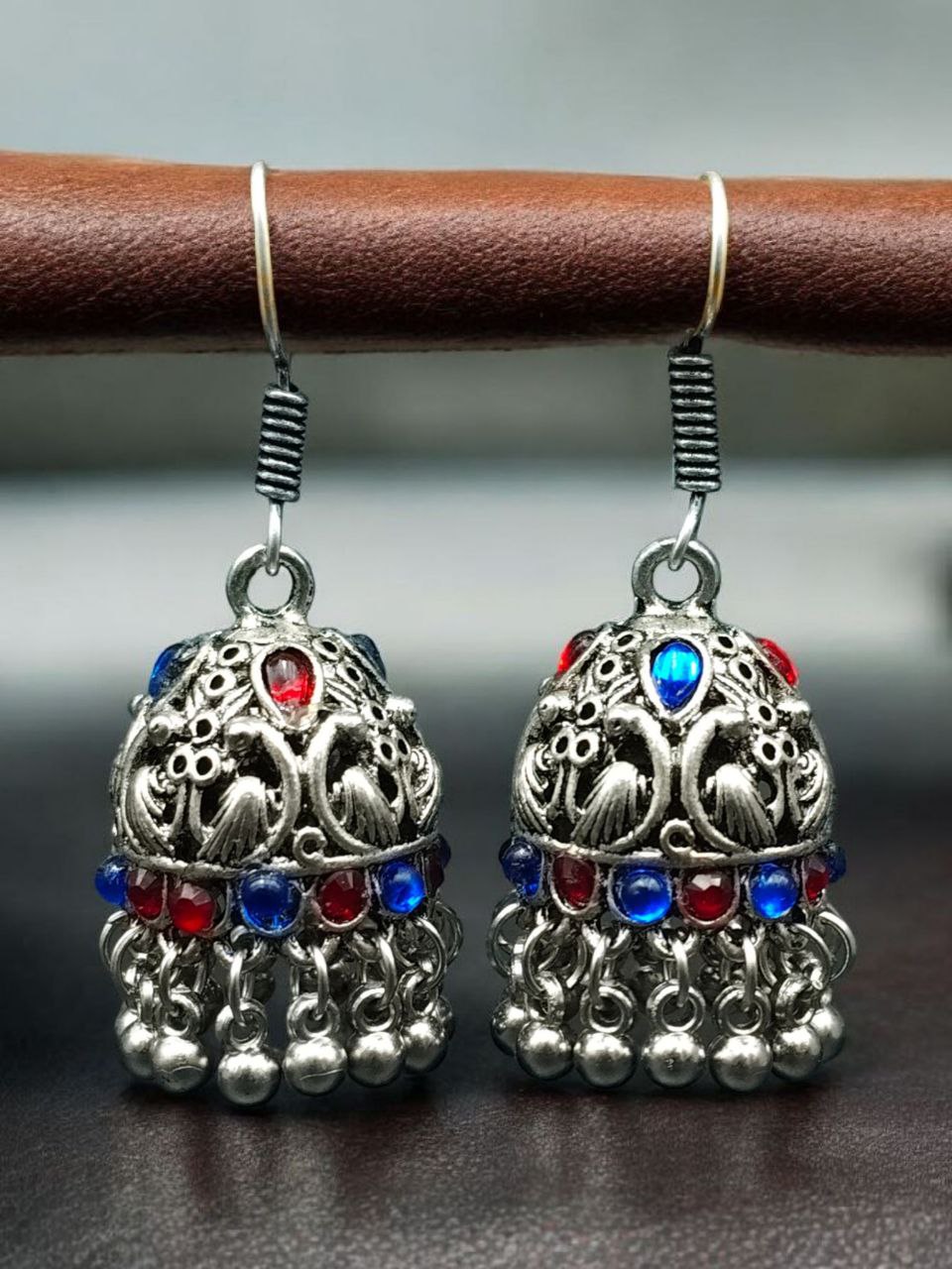 Traditional Peacock Jhumki Earrings | Oxidized German Silver Stone & Ghungroo Dangler Best Hook Jewelry 4 Oxidized German silver peacock jhumki earrings with hook and ghungroo.