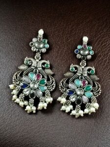 Silver Plated Peacock Dangler Earrings with Stone and Pearl – Best Ethnic Jewelry for Women - color: "Multi"