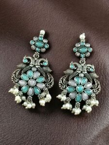 Silver Plated Peacock Dangler Earrings with Stone and Pearl – Best Ethnic Jewelry for Women - color: "Baby Pink-Mint"