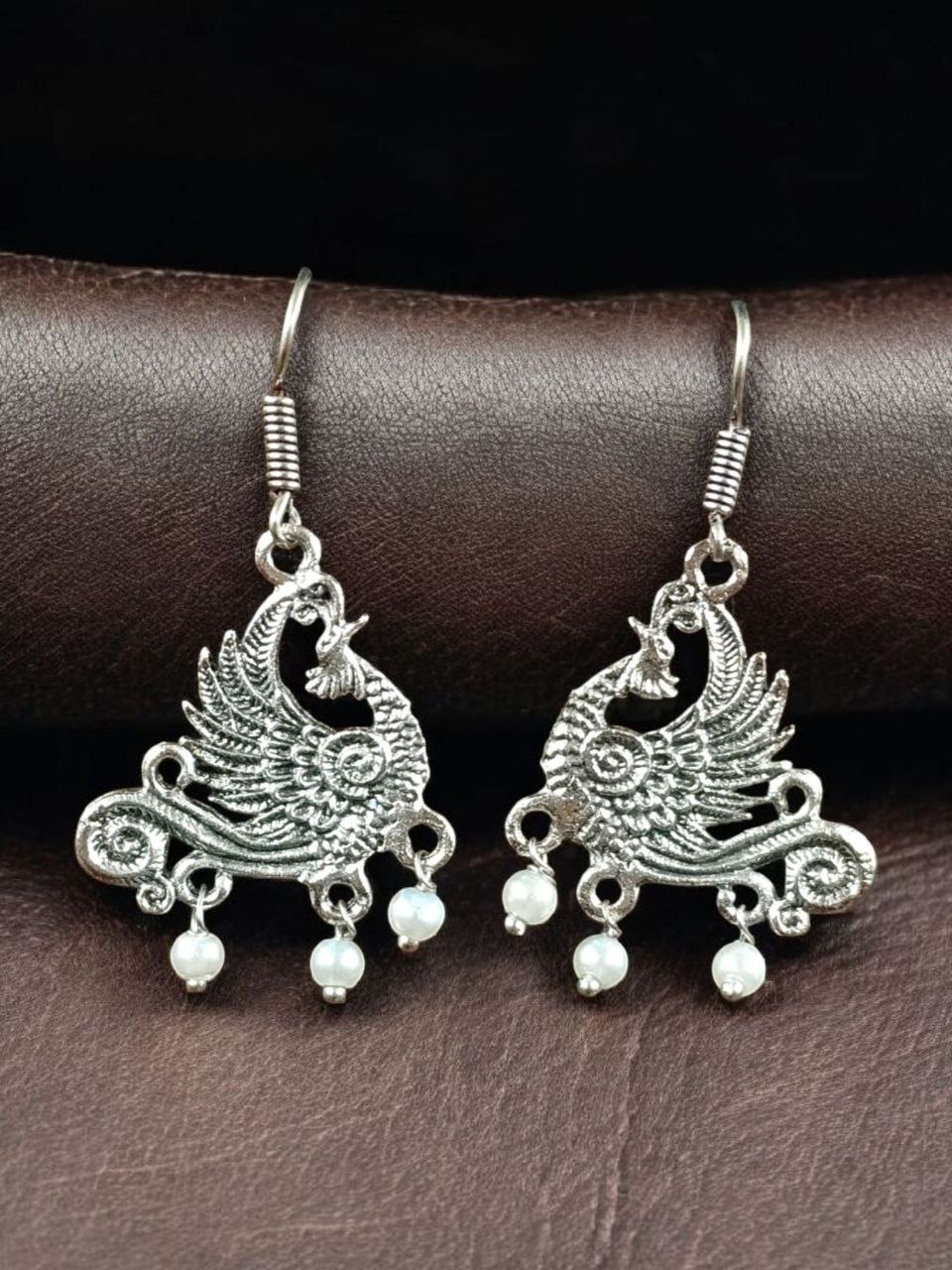 Ethnic Peacock Hook Earrings | Traditional German Silver Dangler Best Earring for Girls 4 Ethnic oxidized peacock hook earrings in German silver for daily wear.