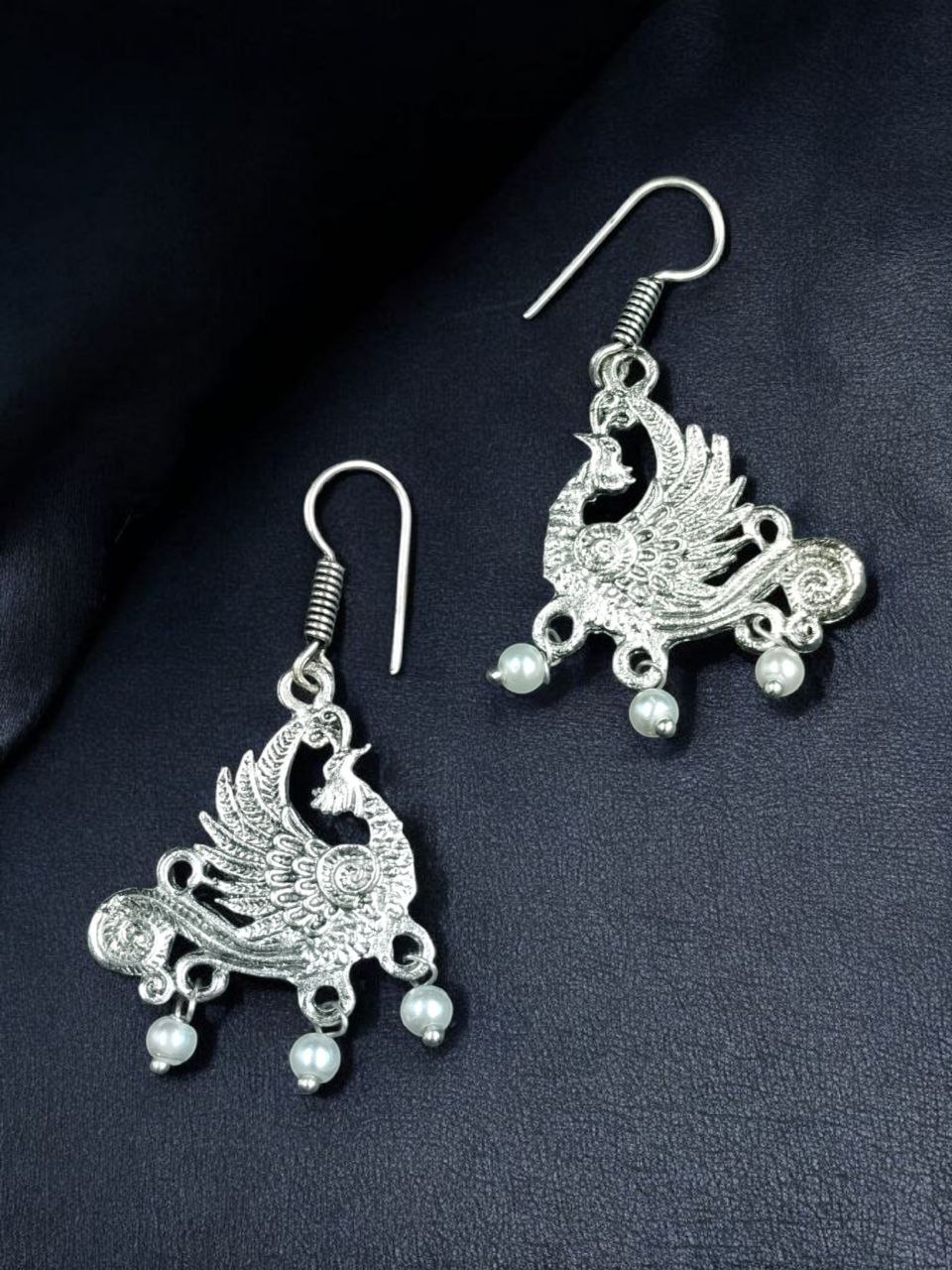 Ethnic Peacock Hook Earrings | Traditional German Silver Dangler Best Earring for Girls 3 Ethnic oxidized peacock hook earrings in German silver for daily wear.