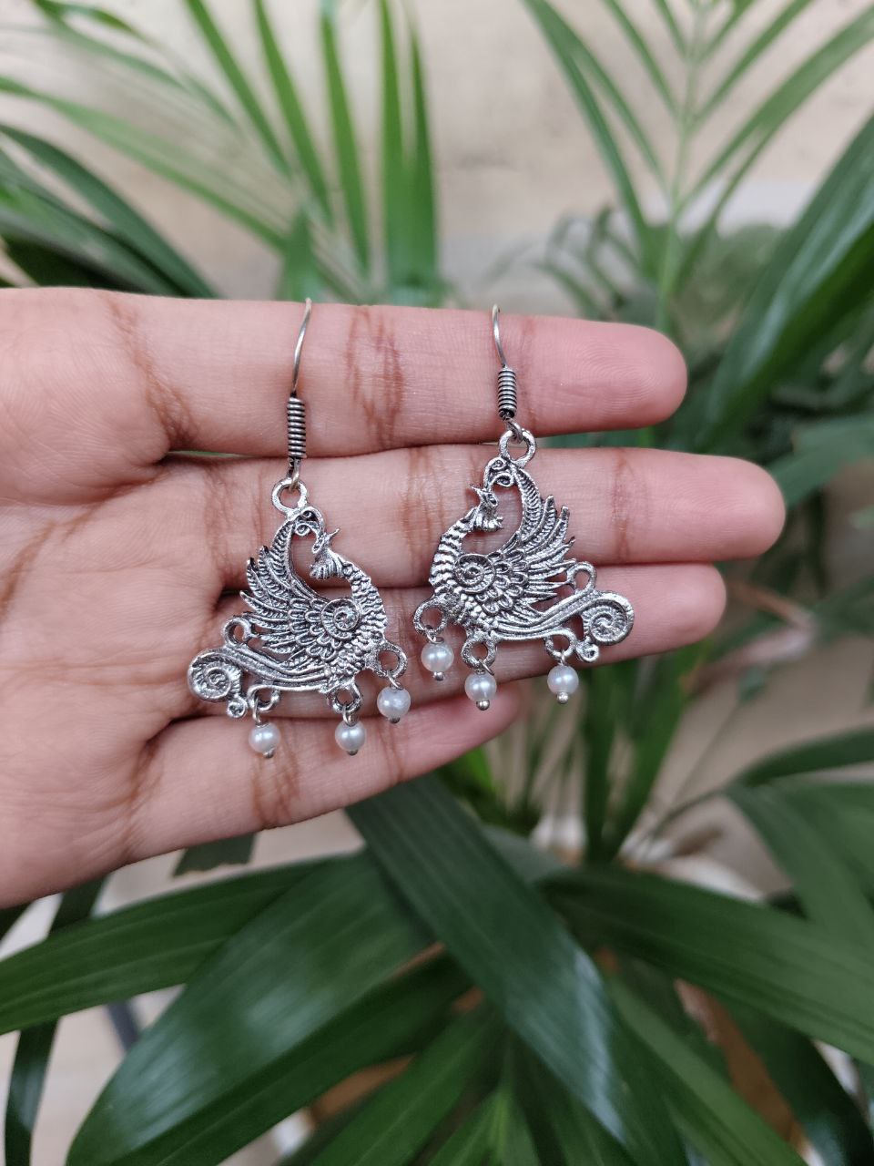 Ethnic Peacock Hook Earrings | Traditional German Silver Dangler Best Earring for Girls 2 Ethnic oxidized peacock hook earrings in German silver for daily wear.