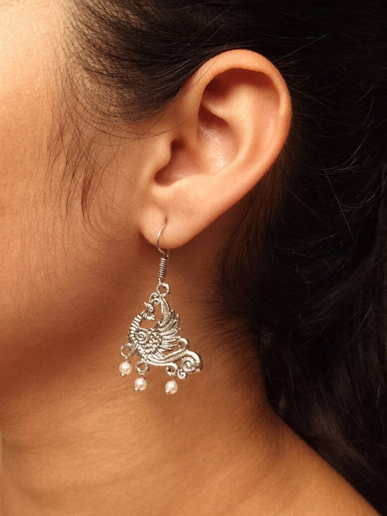 Ethnic Peacock Hook Earrings | Traditional German Silver Dangler Best Earring for Girls