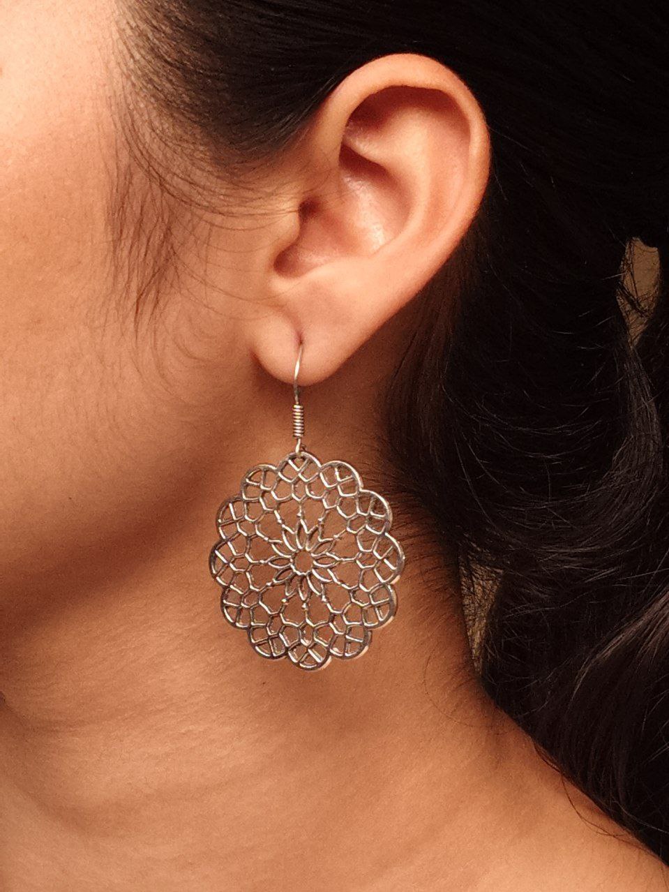 Beautiful German Silver Traditional Flower Design Earrings | Trendy Hook Dangler Jewelry 1 German silver oxidized flower design earrings.