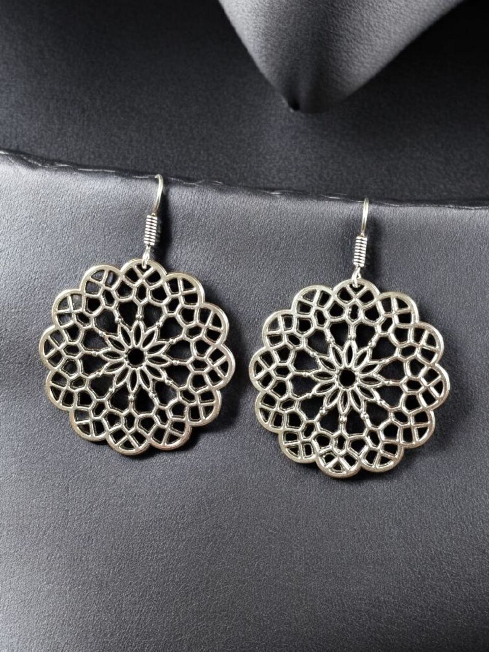 Beautiful German Silver Traditional Flower Design Earrings | Trendy Hook Dangler Jewelry 3 German silver oxidized flower design hook dangler earrings.