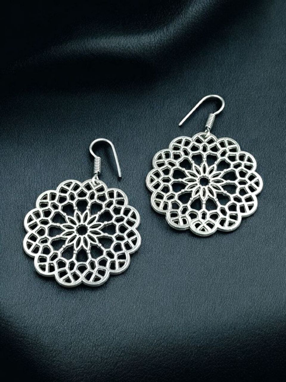 Beautiful German Silver Traditional Flower Design Earrings | Trendy Hook Dangler Jewelry 4 German silver oxidized flower design hook dangler earrings.