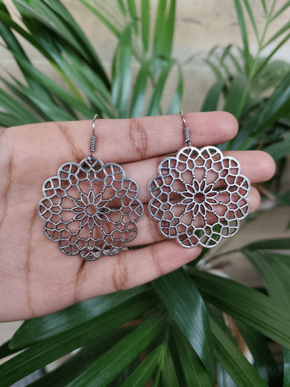 Beautiful German Silver Traditional Flower Design Earrings | Trendy Hook Dangler Jewelry 2 German silver oxidized flower design hook dangler earrings.