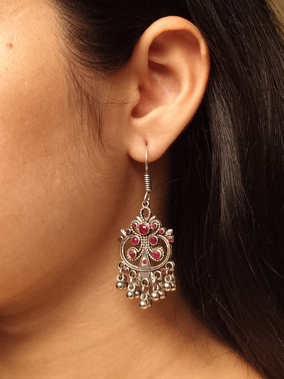 Handcrafted German Silver Hook Earrings | Floral Stone Work with Ghungroo Amazing Jewelry 1 floral german silver ghungroo hook earrings for women