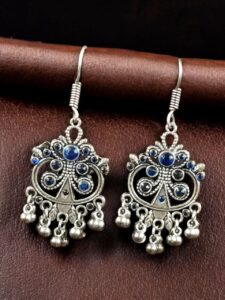 Handcrafted German Silver Hook Earrings | Floral Stone Work with Ghungroo Amazing Jewelry - color: "Blue"