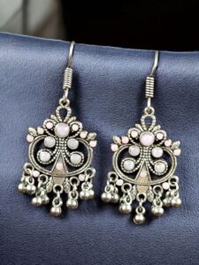 Handcrafted German Silver Hook Earrings | Floral Stone Work with Ghungroo Amazing Jewelry - color: "Baby Pink"