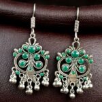 Bulk 304 Handcrafted German Silver Hook Earrings | Floral Stone Work with Ghungroo Amazing Jewelry - "Green"