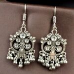 Bulk 308 Handcrafted German Silver Hook Earrings | Floral Stone Work with Ghungroo Amazing Jewelry - "White"