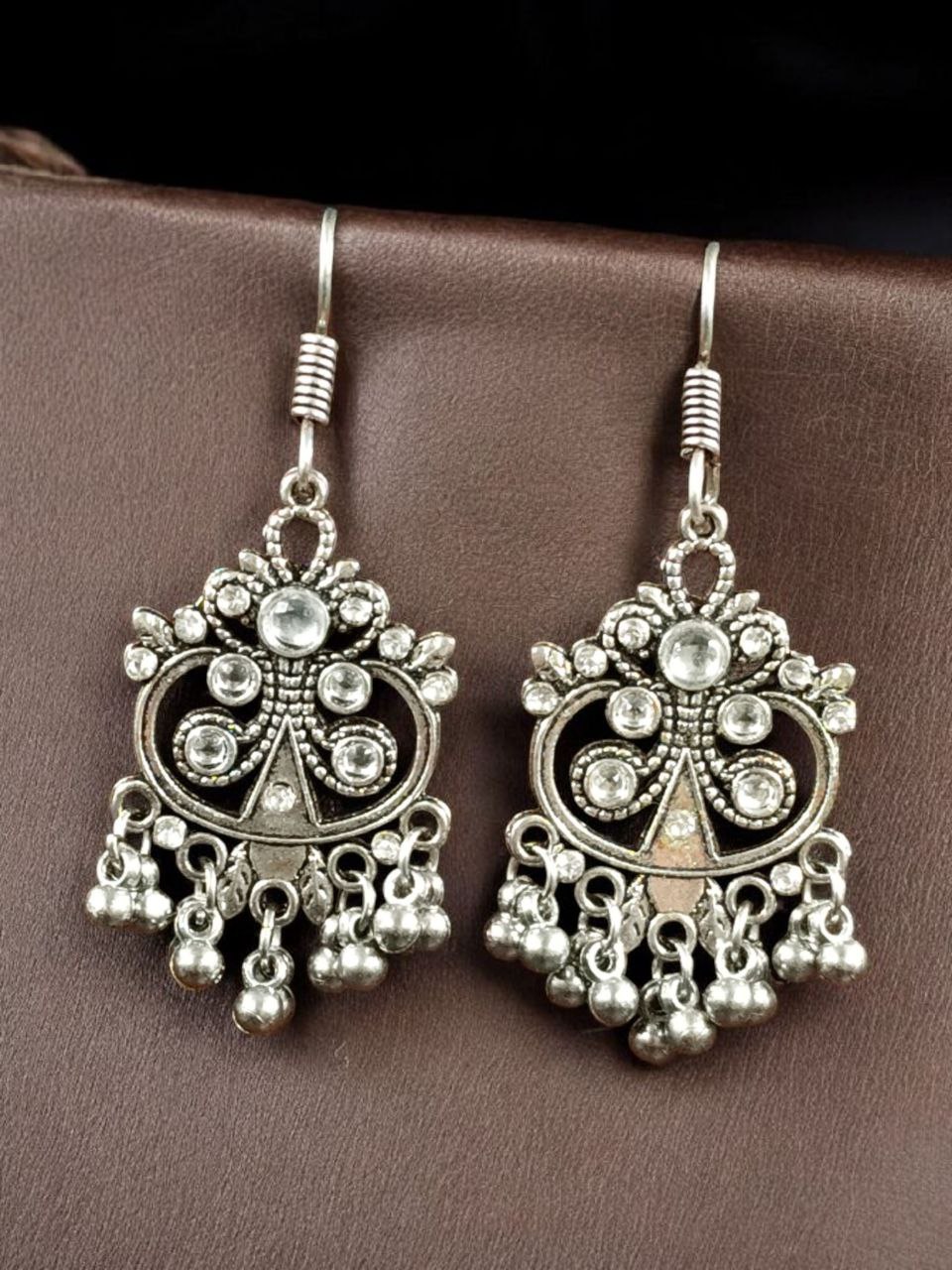 Handcrafted German Silver Hook Earrings | Floral Stone Work with Ghungroo Amazing Jewelry 6 floral german silver ghungroo hook earrings for women