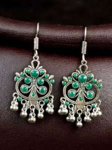 Handcrafted German Silver Hook Earrings | Floral Stone Work with Ghungroo Amazing Jewelry - color: "Green"
