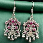 Bulk 306 Handcrafted German Silver Hook Earrings | Floral Stone Work with Ghungroo Amazing Jewelry - "Red"
