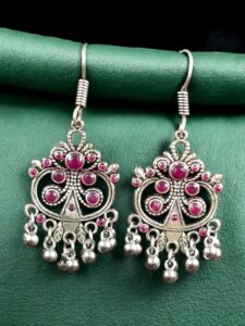 Handcrafted German Silver Hook Earrings | Floral Stone Work with Ghungroo Amazing Jewelry - color: "Red"
