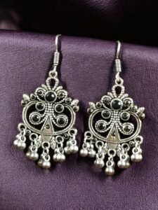 Handcrafted German Silver Hook Earrings | Floral Stone Work with Ghungroo Amazing Jewelry - color: "Black"