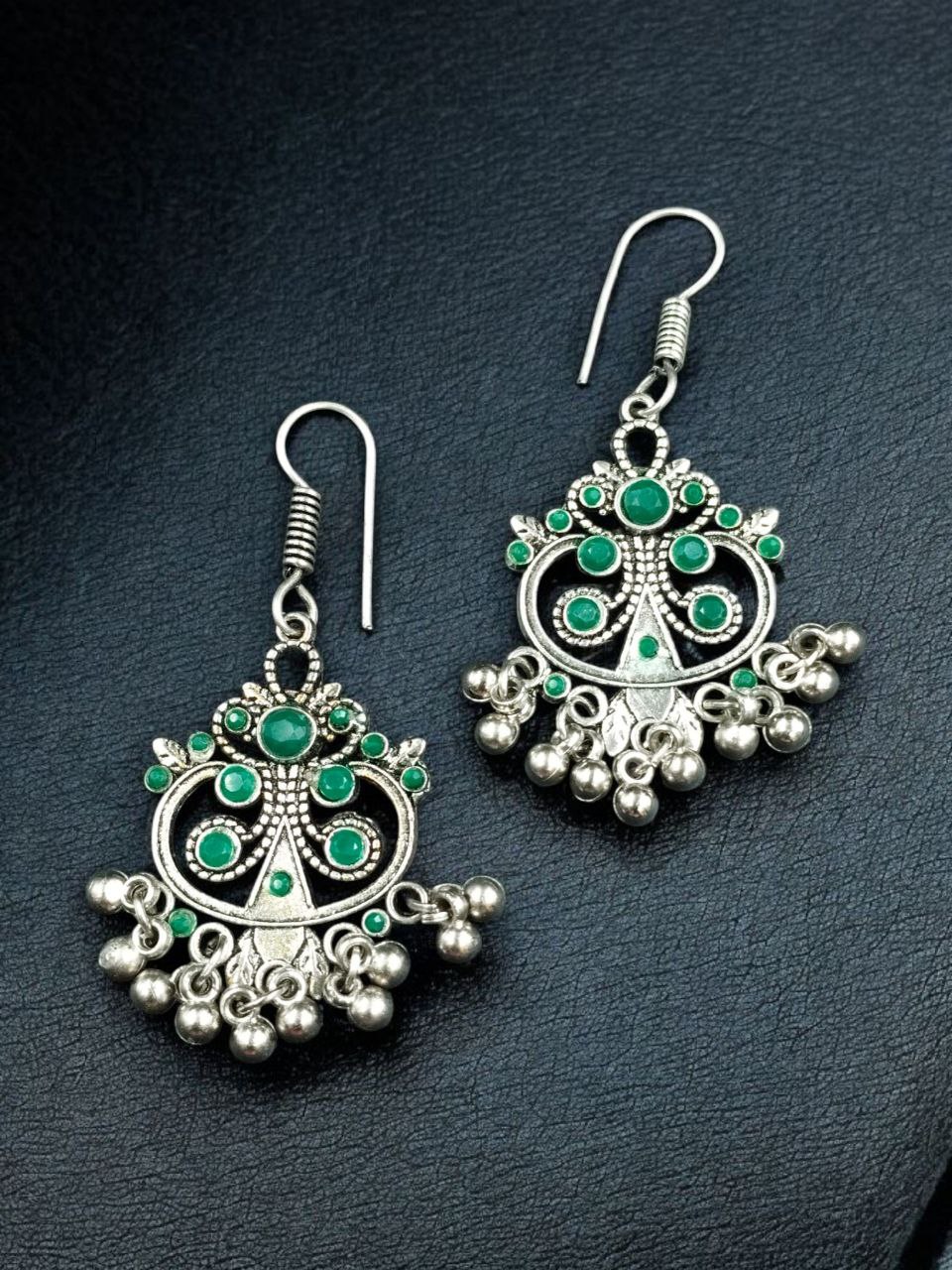 Handcrafted German Silver Hook Earrings | Floral Stone Work with Ghungroo Amazing Jewelry 3 floral german silver ghungroo hook earrings for women